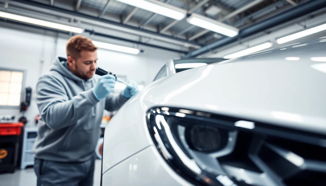 Apply PPF winter road salt protection to a car depicting professional automotive detailing.