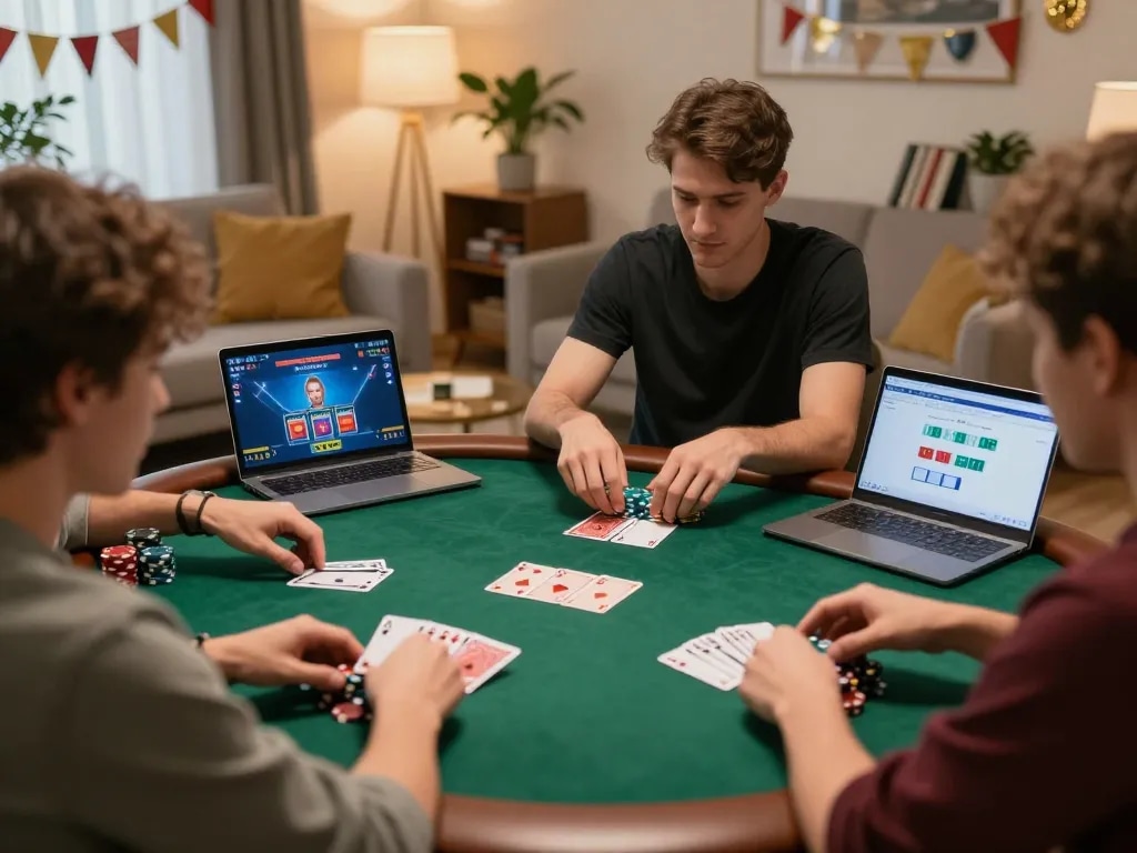 Players engage in an exciting online poker game at home using the shbet platform, highlighting competitive spirit.