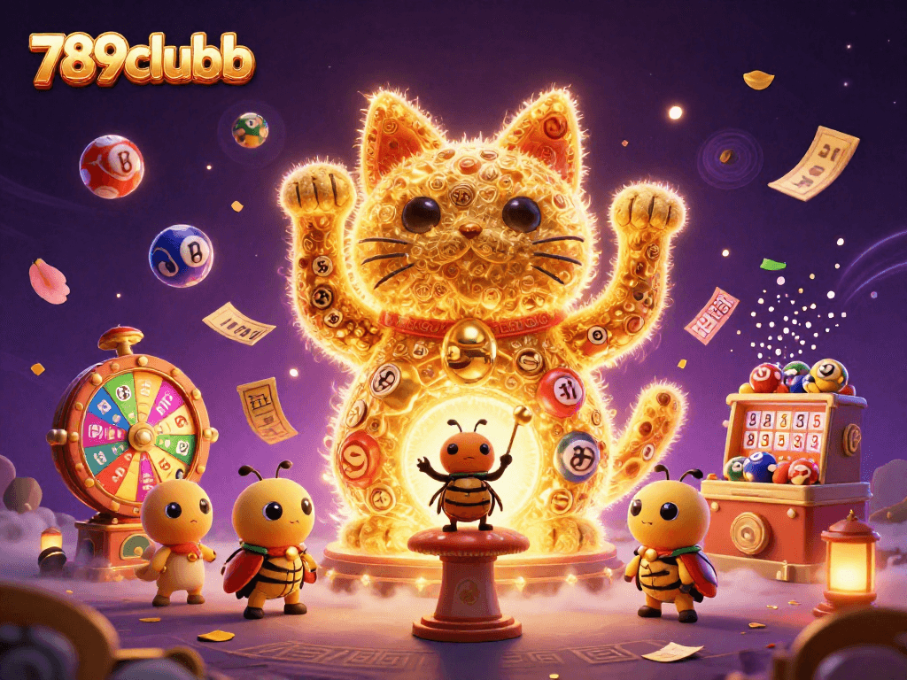 Engage with 789clubb's dynamic gaming world featuring a lucky cat and colorful game symbols.