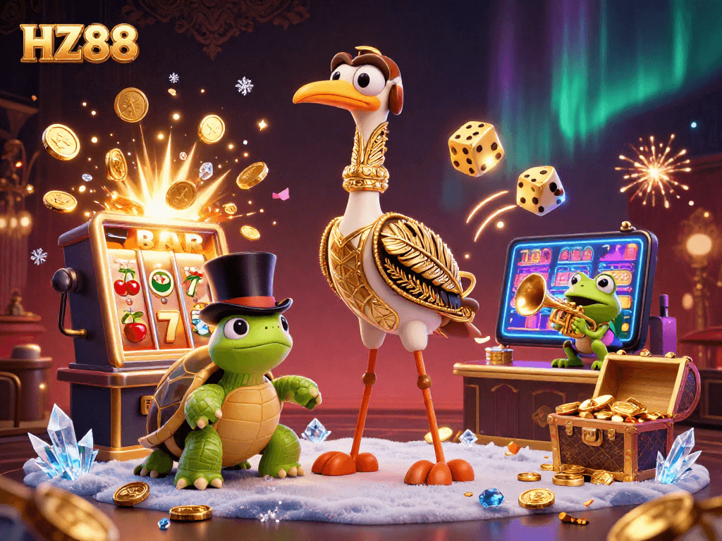 Experience the excitement of HZ88 with vivid characters in a vibrant casino scene filled with jackpots.