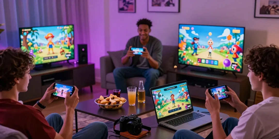 Play porn game online with friends in a cozy living room filled with colorful graphics and devices.
