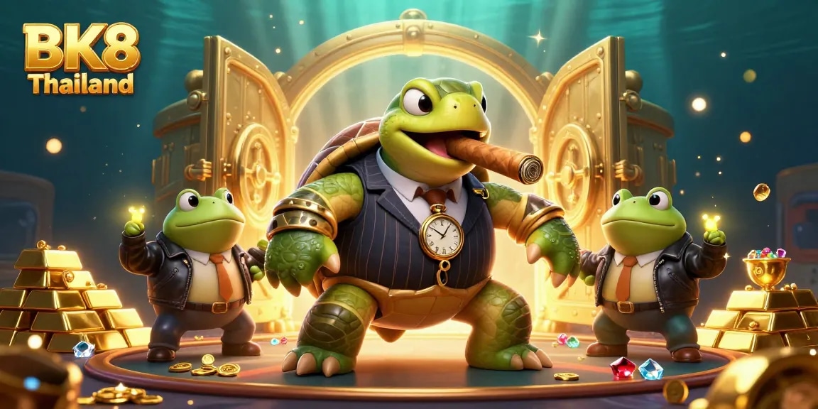 Experience the excitement of BK8 Thailand with a dynamic casino scene featuring a snapping turtle in a mobster suit.