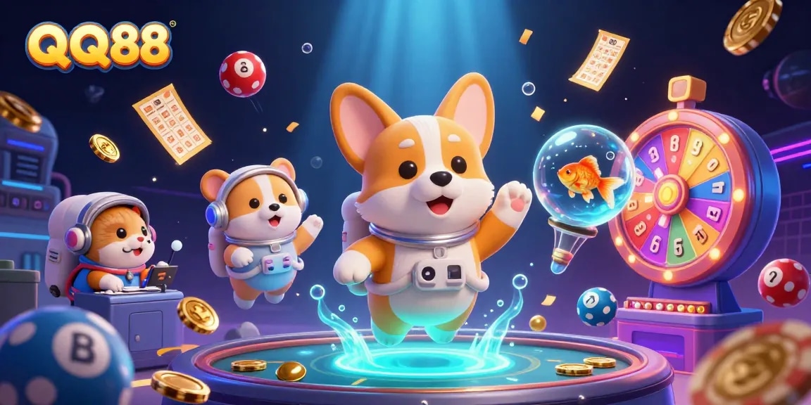 Engage with QQ88 and win big in an exciting space casino adventure with floating characters and vibrant game elements.