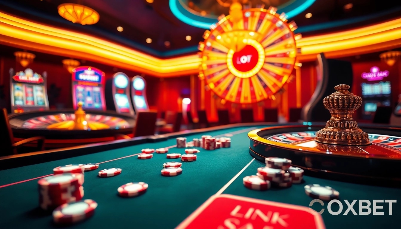 Exciting casino scene featuring Link OXBET, showcasing poker chips and roulette wheel for thrilling gameplay.