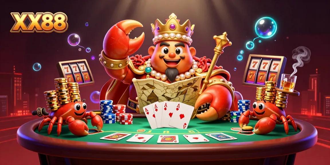 Experience thrilling gambling action at XX88 with a cartoon crab emperor overseeing poker tables and slot elements.