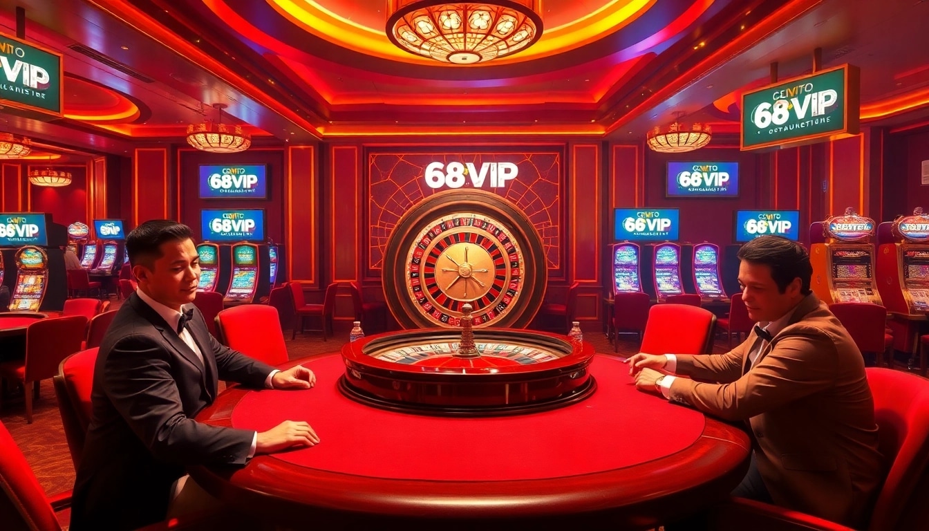 Excited players engaging at a glamorous casino scene featuring the 68VIP logo, poker chips, and roulette wheels.