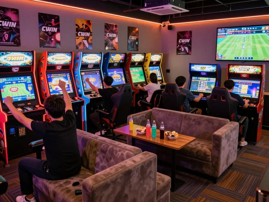 Engaged gamers in a vibrant gaming lounge showcasing CWIN logo.