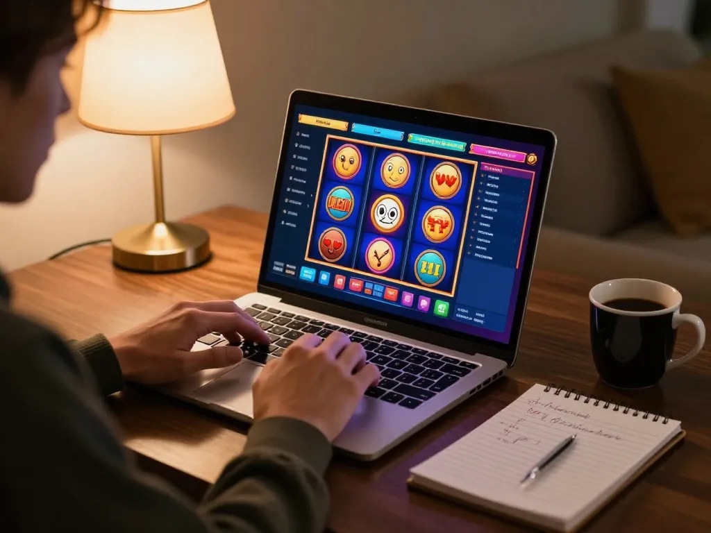 F168 player enjoying an online casino experience with laptop showing vibrant slot games