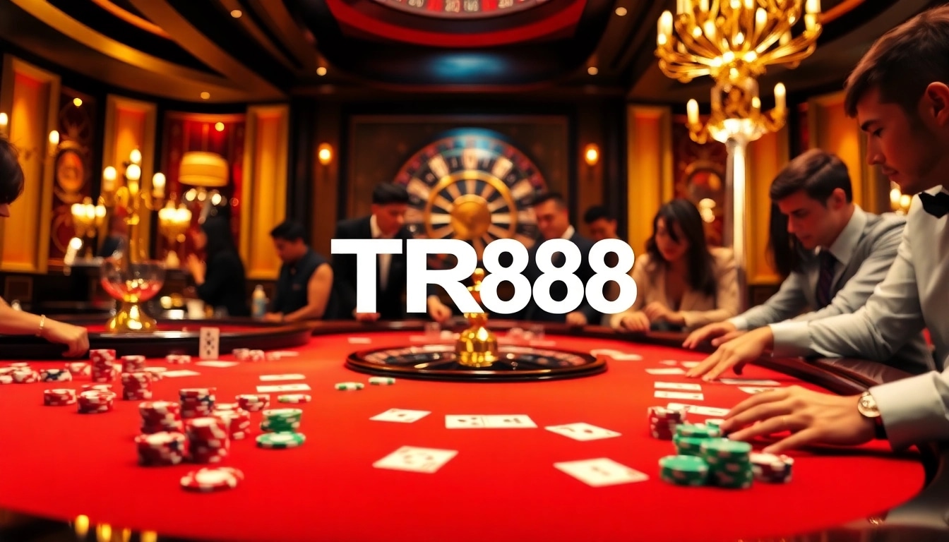Players engaging at a vibrant TR88 casino table, filled with poker chips and a roulette wheel.