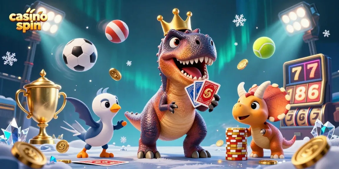 Engage with casino spin through a vibrant 3D illustration featuring a T-Rex dealing cards.