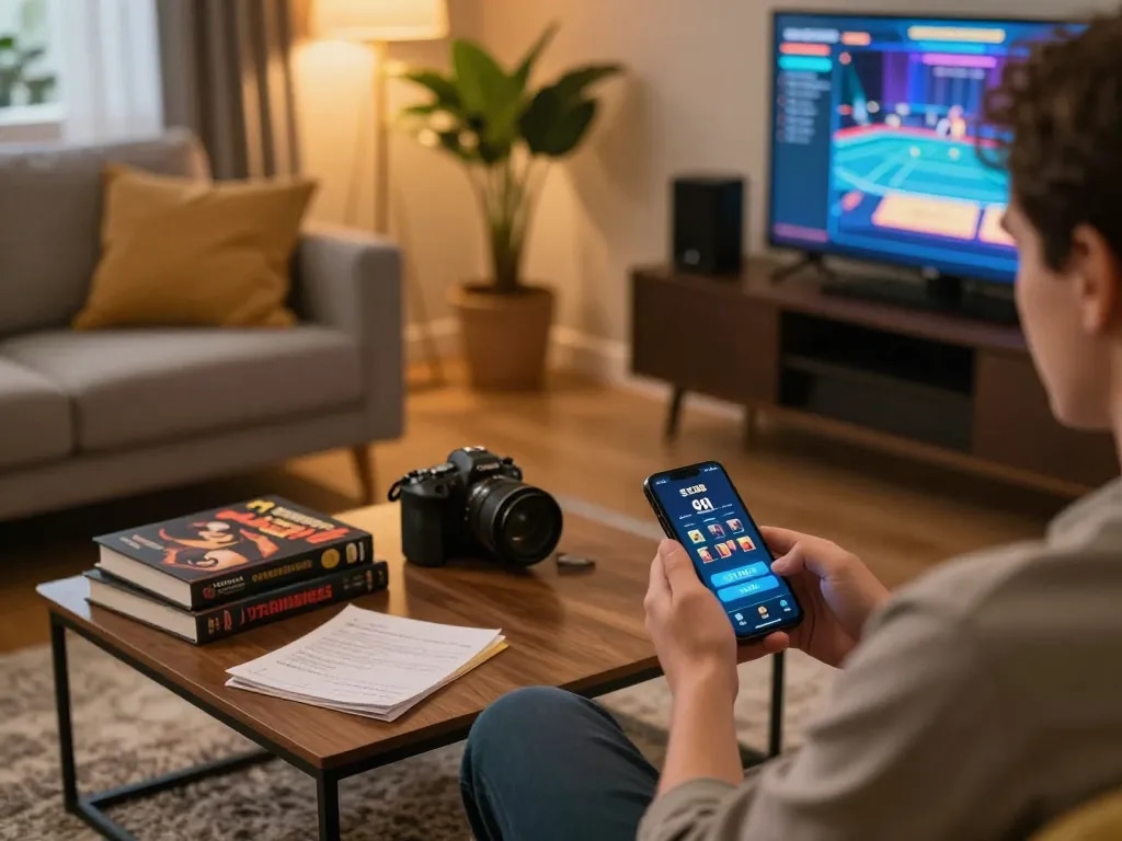 Player engaging with sc88 mobile app for online gambling, showcasing strategic gameplay in a cozy home