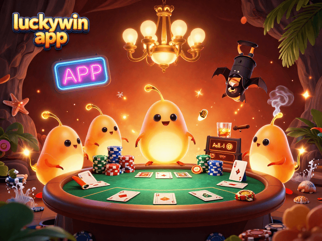 Engage with the luckywin app in an illuminated cave casino set with glowing glowworms and vibrant poker elements.