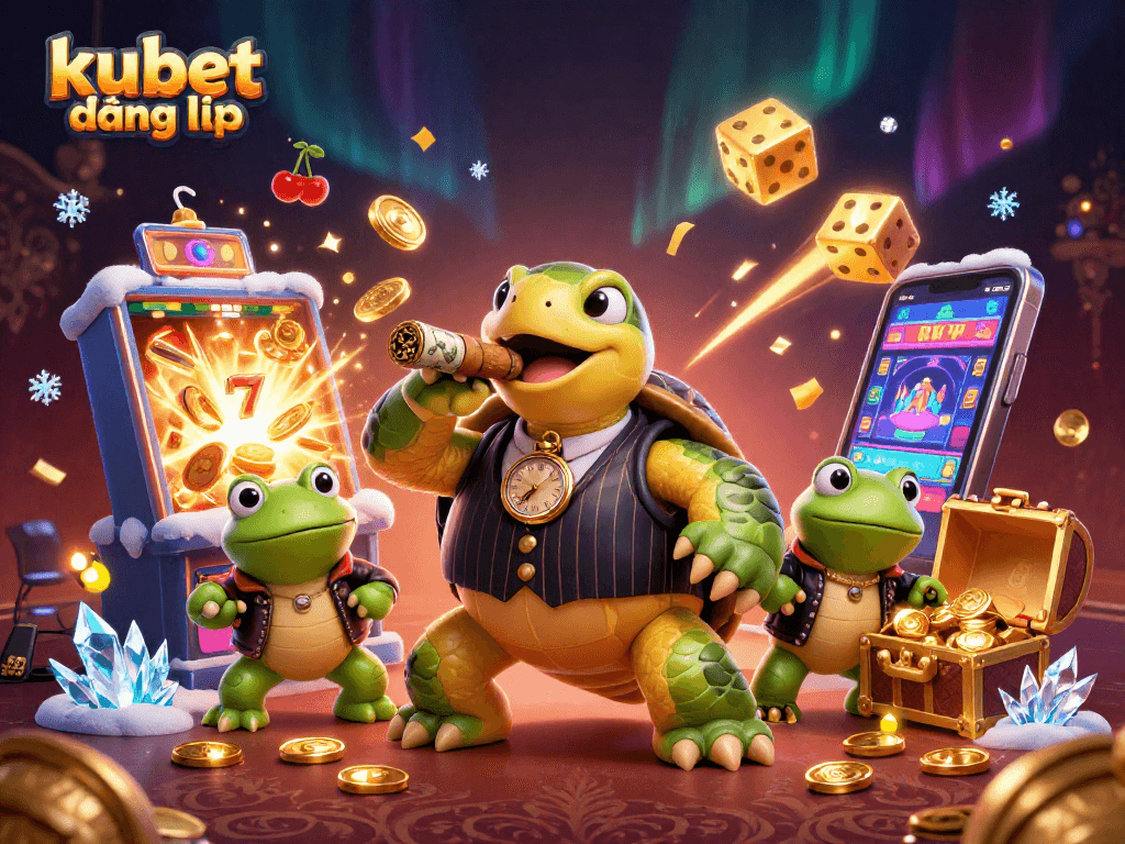 Experience the thrill of kubet đăng nhập with a 3D illustration of a charming turtle mobster and vibrant casino elements.