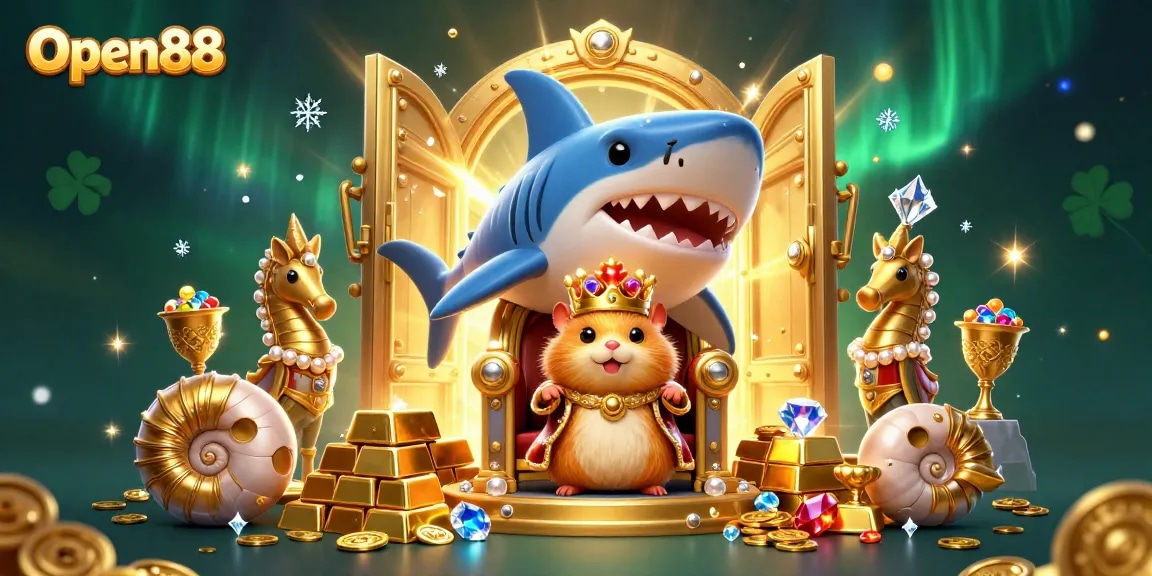 Experience excitement with Open88 in a vibrant 3D casino scene featuring treasure and majestic characters.