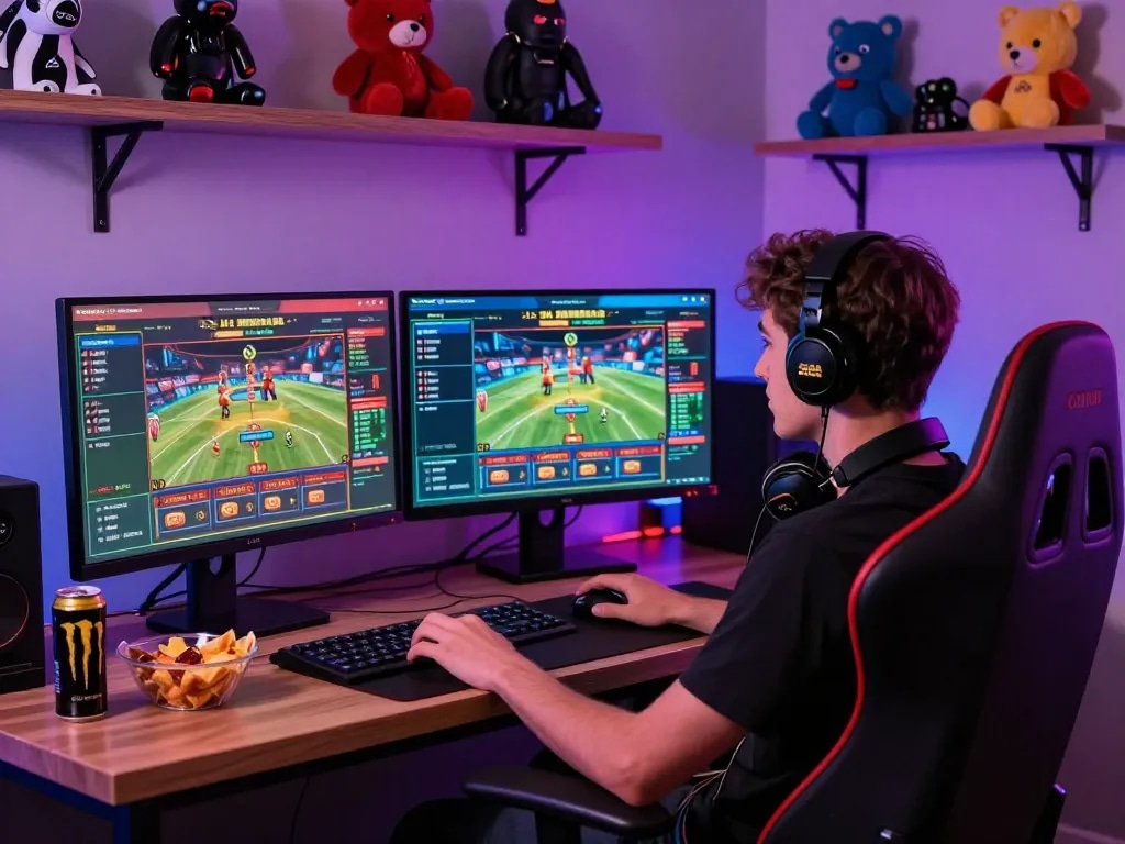 Engaged gamer at zx88.com in a vibrant, modern gaming setup with dual monitors and LED lighting.