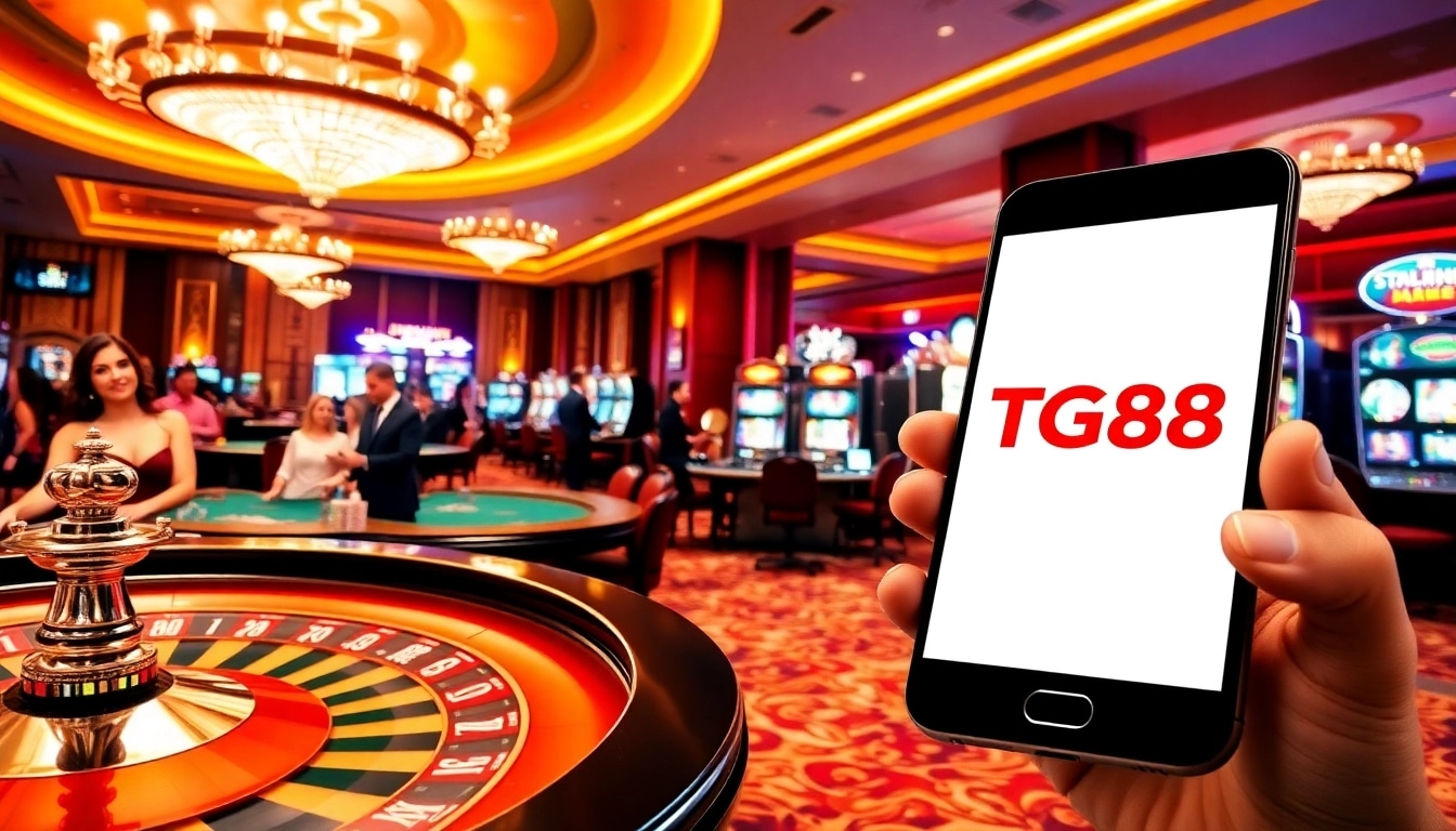 Experience the excitement of gambling at TG88 with vibrant casino tables and engaging dealers.