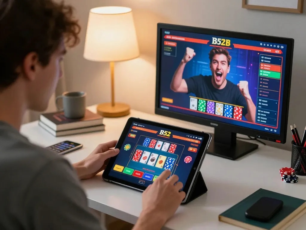 Engaged player enjoying live gaming experience with B52 club on tablet, showcasing vibrant casino gameplay.