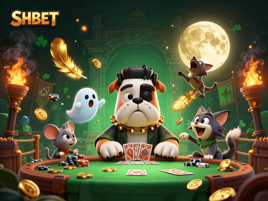 SHBET showcases a unique 3D cartoon scene of a Frankenstein bulldog dealer and a ghost mouse at a casino table.