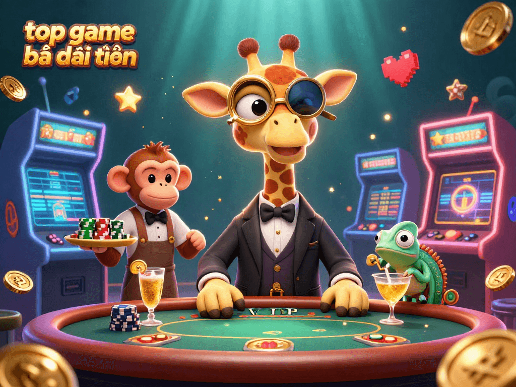 Experience top game bài đổi thưởng with high-roller giraffe and gaming excitement in vibrant 3D.
