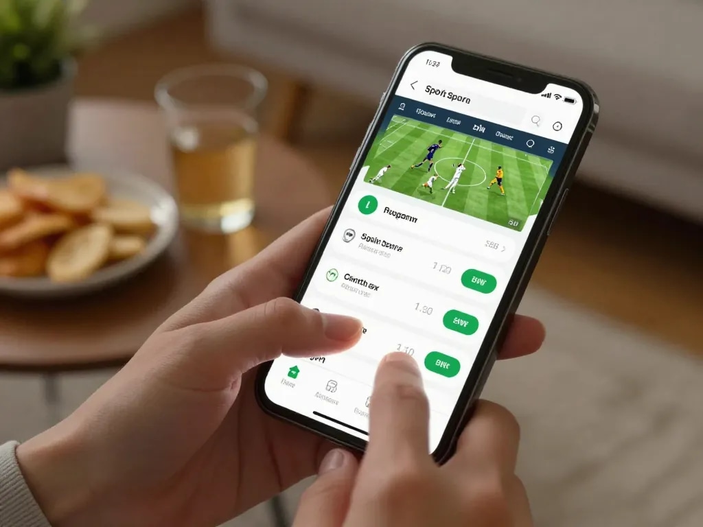 Person engaging with soi kèo nhà cái mobile app for live betting on football matches.