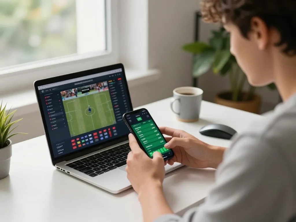 Betting on sports in a vibrant home office using https://va88.now/ for live odds and engagement.