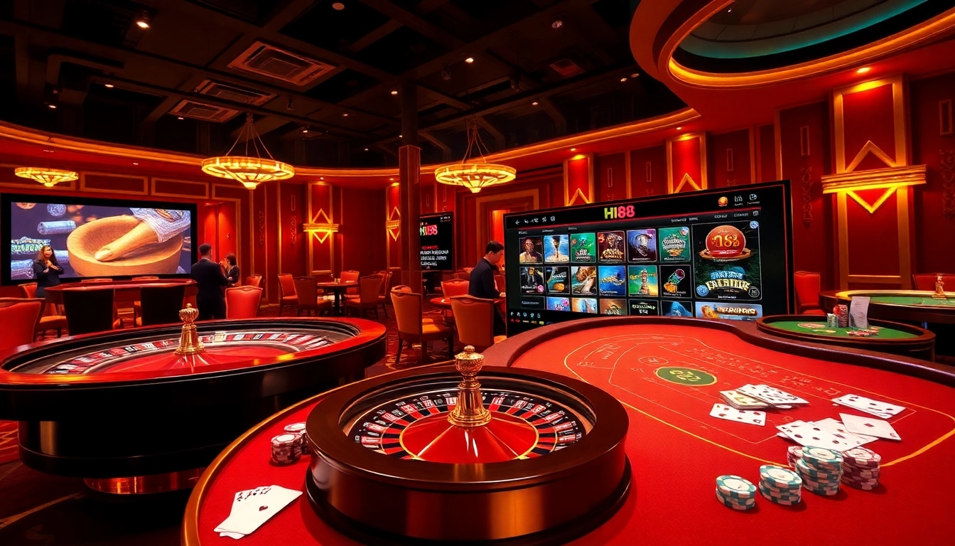 Hi88 casino scene showcasing players at game tables with vibrant colors and a luxurious atmosphere.