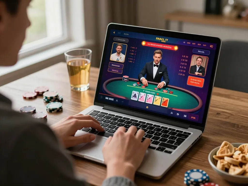 Player enjoying 12bet live dealer blackjack on a laptop with a vibrant interface.