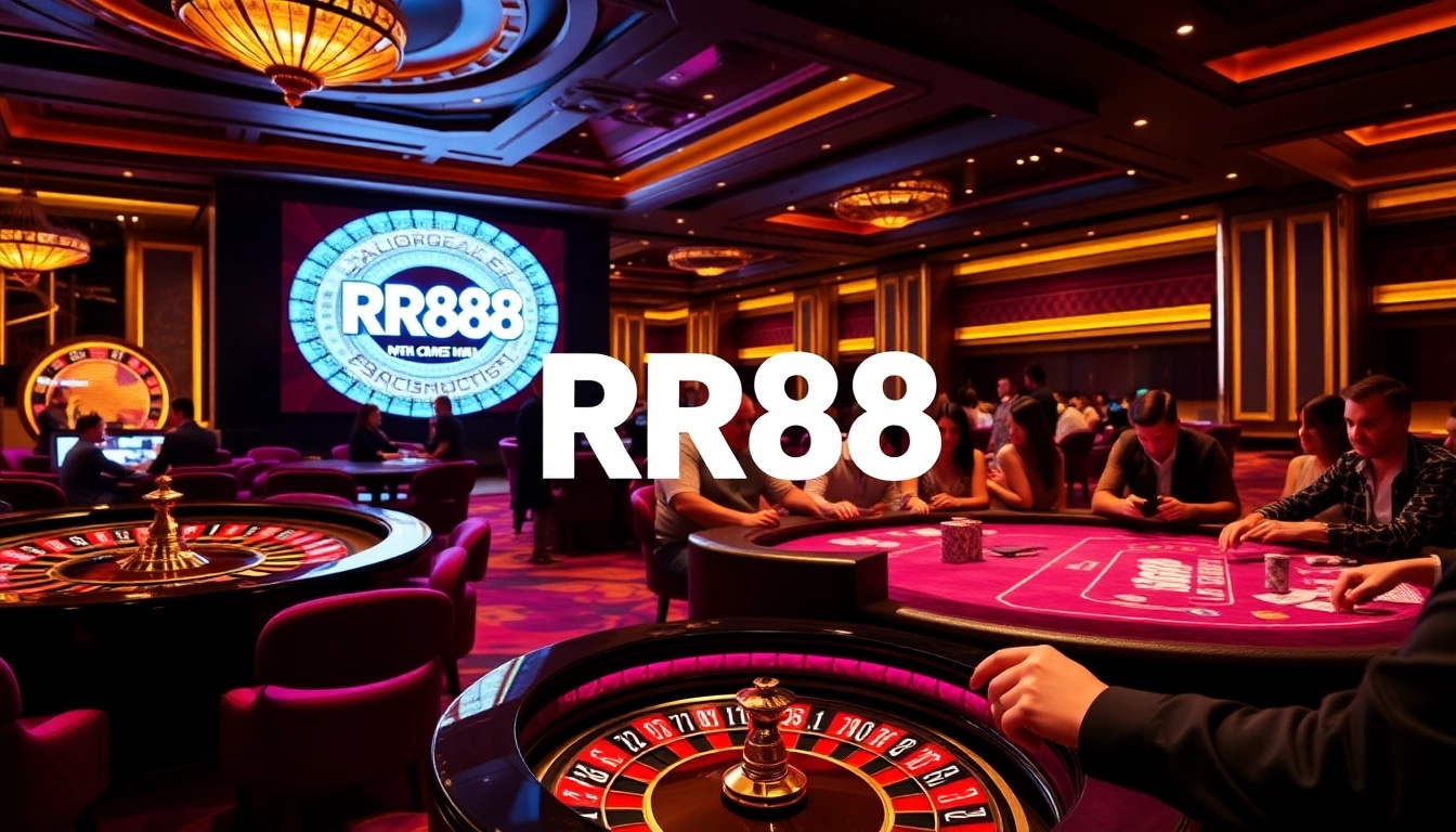 RR88 casino excitement with players enjoying roulette and poker in a luxurious setting.