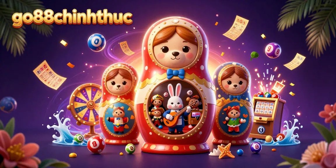 Experience exciting lottery action with go88chinhthuc featuring a dynamic 3D illustration of a musical bear and vibrant colored balls.