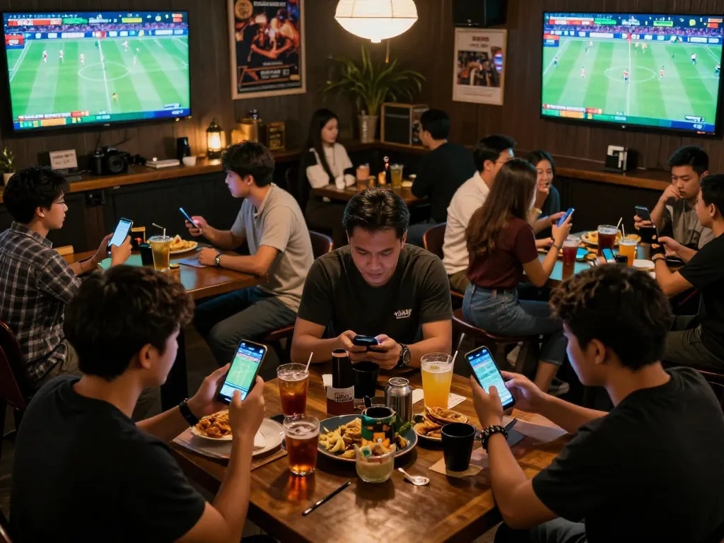 Excited patrons engaging in keo bong da truc tuyen while analyzing statistics and placing bets at a vibrant sports bar event.