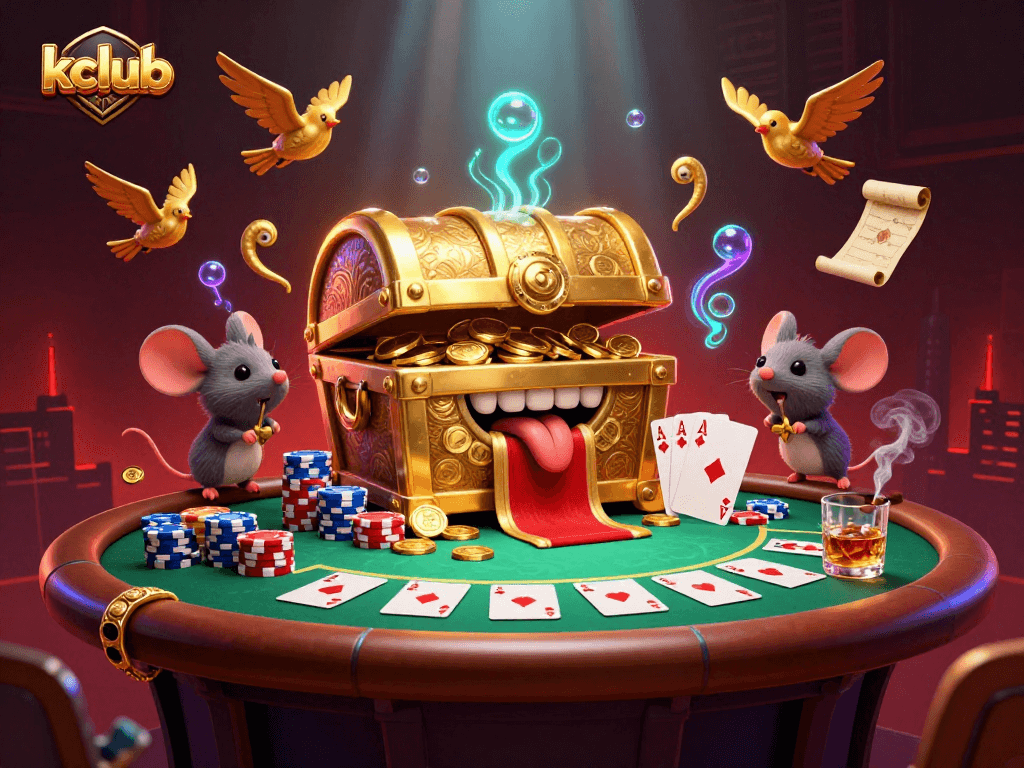 Engage with kclub's thrilling casino experience showcasing a whimsical treasure chest and vibrant poker elements.