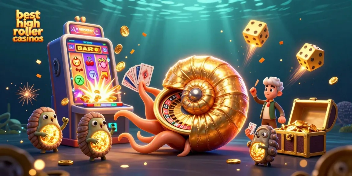 Experience the thrilling best high roller casinos with a vibrant 3D illustration of nautilus and gaming elements.