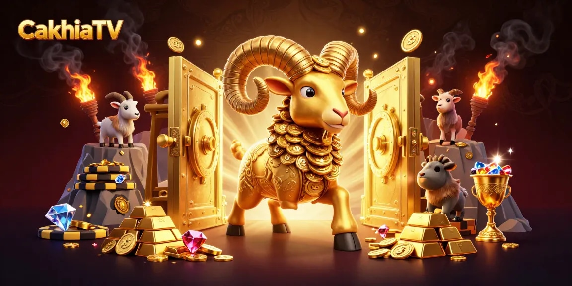 CakhiaTV showcases an epic gambling scene featuring a golden ram charging through a treasure vault door, surrounded by jewels and gold ingots.