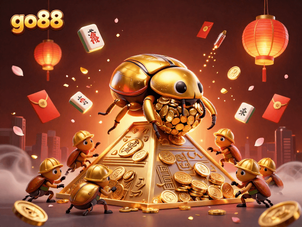 Experience the excitement of go88 with a golden dung beetle amidst vibrant casino symbols.