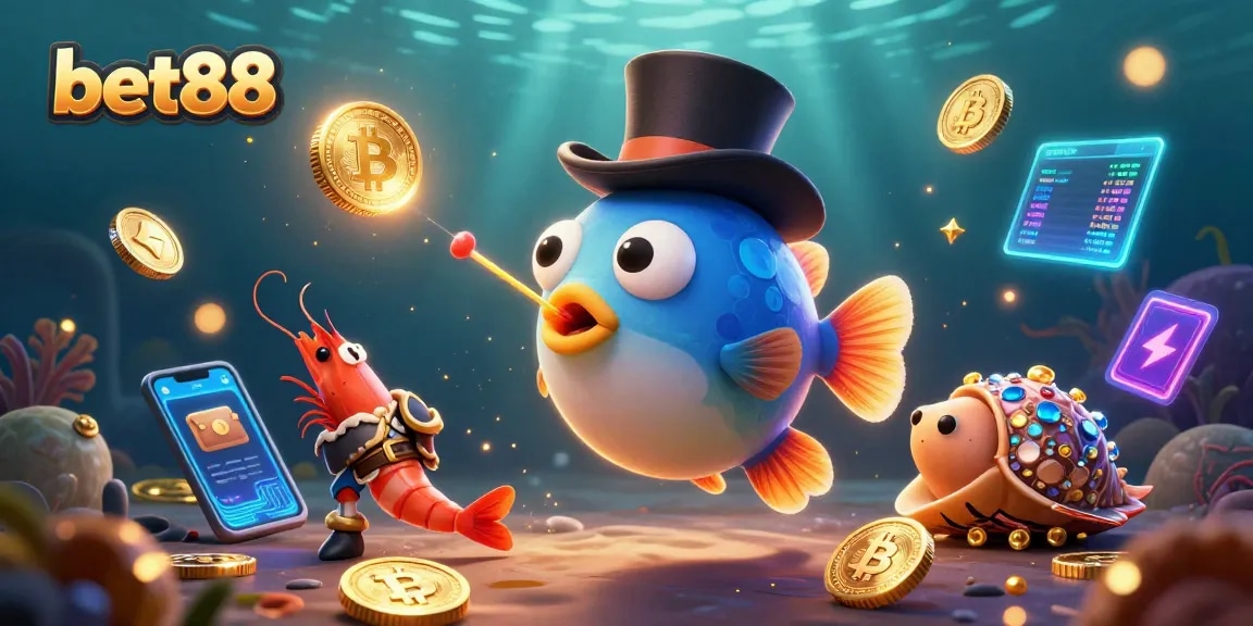 Win at bet88 with an exciting underwater casino scene featuring lively characters and crypto elements.