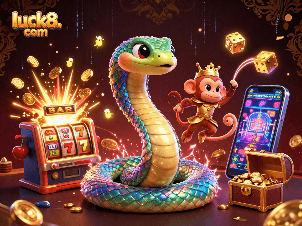 Experience the excitement of casino gaming at luck8. com with a vibrant 3D illustration of jackpots and adventures.