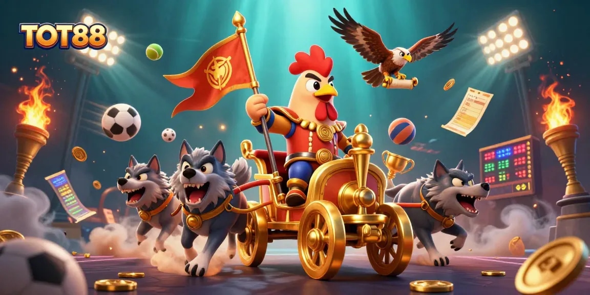 Experience thrilling sports action at TOT88 with a cartoon rooster warlord amidst dynamic gambling elements.