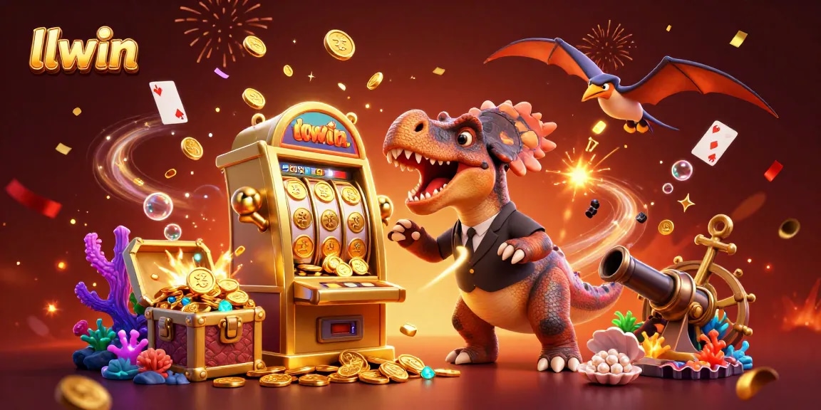 llwin players enjoying a jackpot as a pachycephalosaurus headbutts a slot machine amidst confetti.