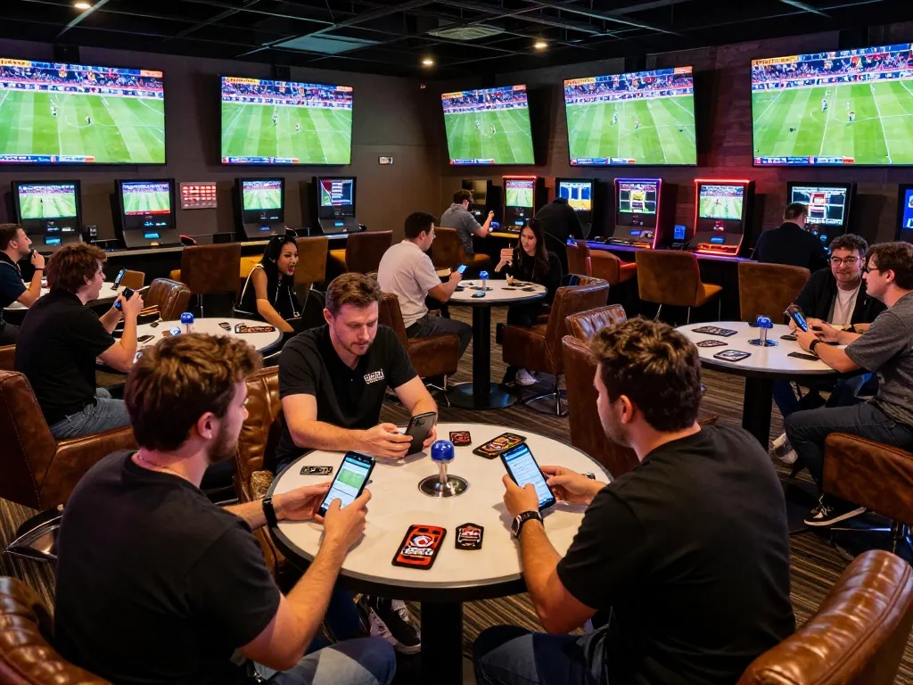 Soi keo enthusiasts engaged in live betting action at a sports lounge, cheering and strategizing