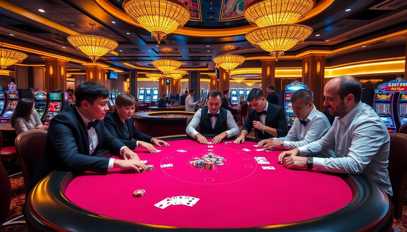 Players enjoying a thrilling poker game at https://23win.autos/, surrounded by luxury casino elements.