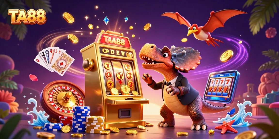 Experience the excitement of TA88 with cartoon dinosaurs in a jackpot scene filled with vibrant casino elements.