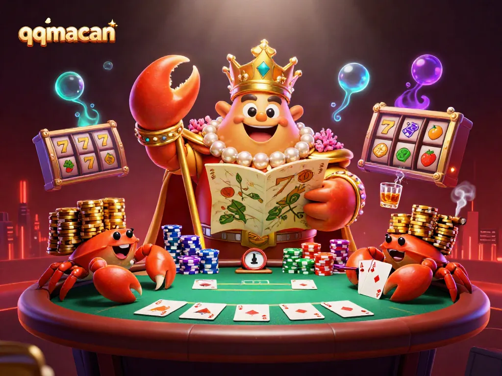 Engage in thrilling gameplay at qqmacan with the golden crab emperor overseeing a casino scene filled with poker elements.