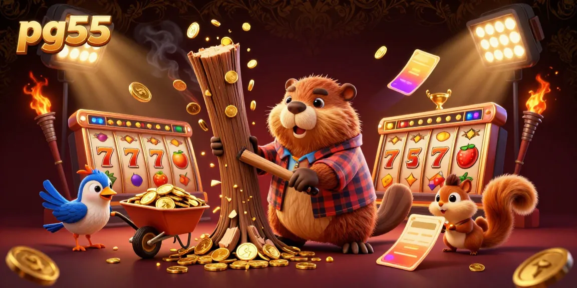Experience thrilling gaming at pg55 with a cartoon beaver character surrounded by slots and gold.
