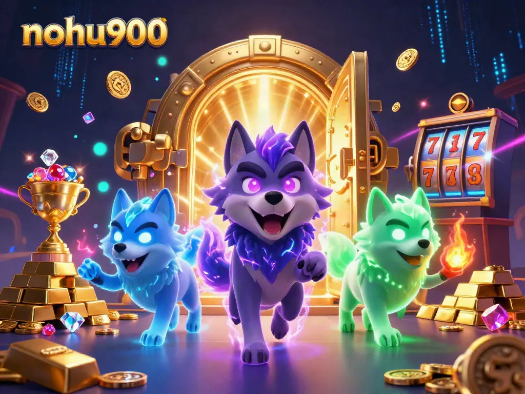Experience nohu900 with a dynamic 3D illustration of wolf characters amid slot games and treasure in a vibrant casino setting.