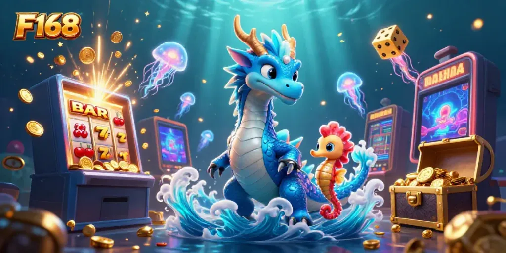 Experience thrilling online gambling with F168's captivating casino-themed scene featuring dragons and jackpots.