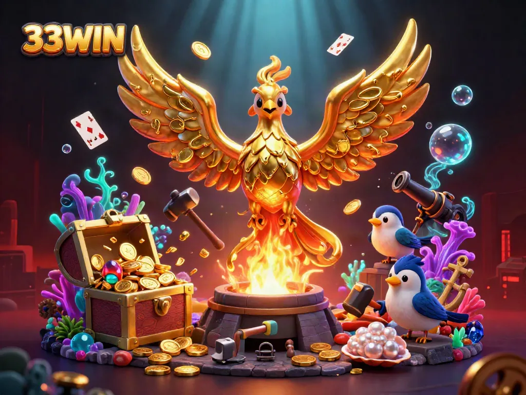 Experience the energetic world of 33WIN featuring a molten metal phoenix surrounded by treasures and games.