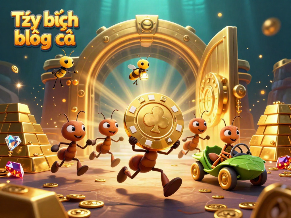 A team of ants heisting a massive golden poker chip with a firefly lookout in a vibrant casino scene, reflecting Tỷ lệ bóng đá.