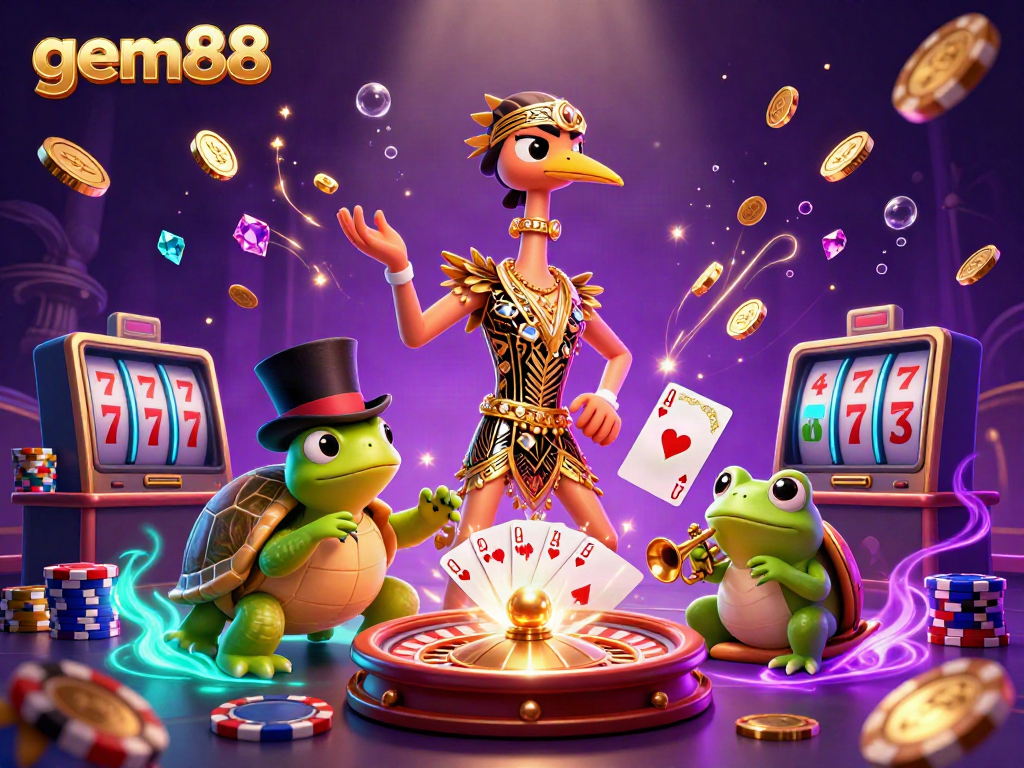 Engage with gem88's vibrant casino scene featuring characters surrounded by sparkling game elements.