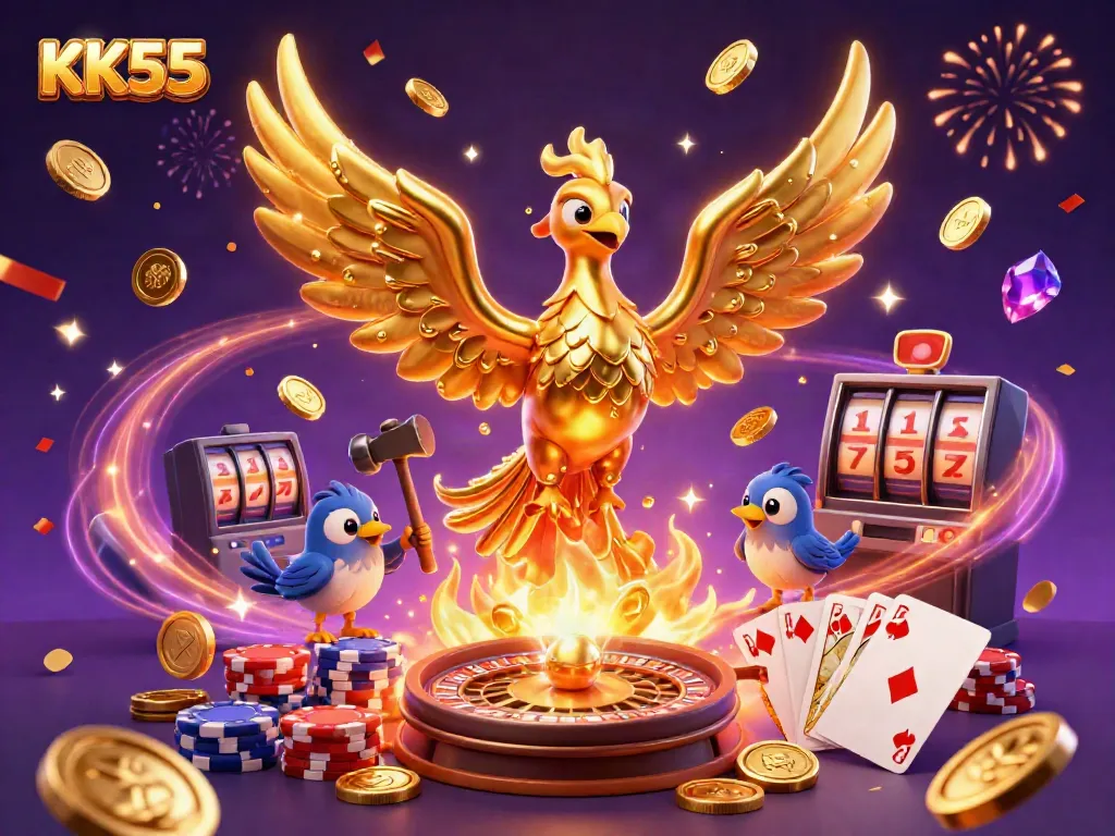 Experience the thrill of KK55 with dynamic casino elements in a lavish 3D digital illustration.