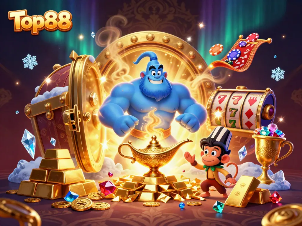 Experience exciting wins with Top88, featuring a genie, poker chips, and riches amidst vibrant slot elements.